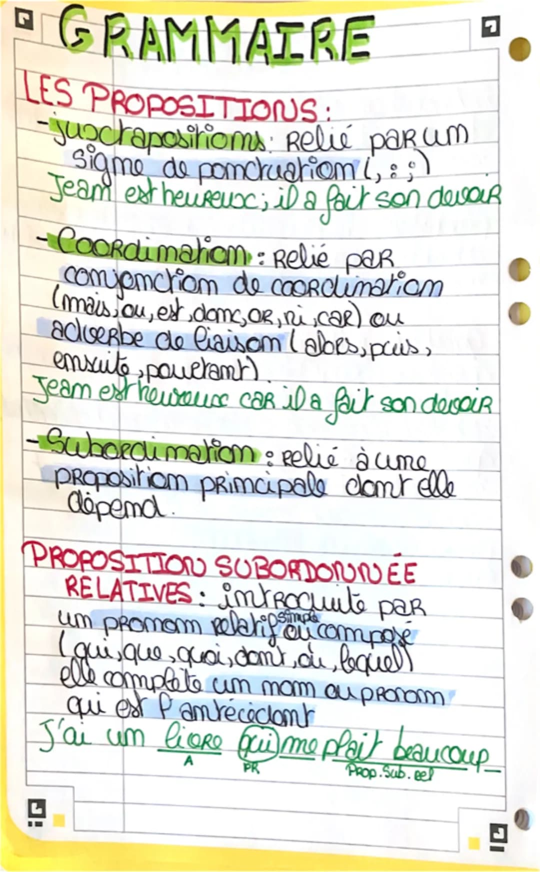 • GRAMMAIRE
LES PROPOSITIONS
-jugchapositions: Relié paRum
sigme de ponctuation (, : ;)
Jeam est heureux; il a fait son devoir
- Coordimatio