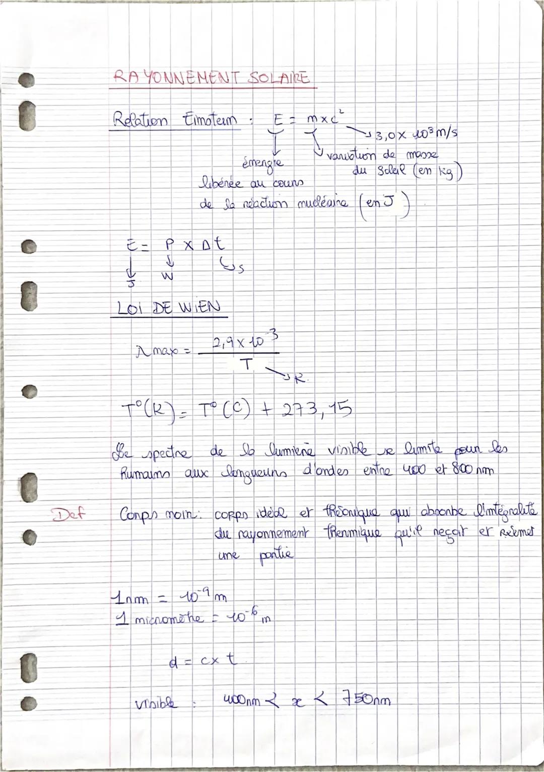 Def
RAYONNEMENT SOLAIRE.
Relation Timoterm E = mxc
mxc²
de at
E- P x At
r~z
J
LOI DE WIEN
A max =
émenghe
libérée au cours
de la reaction nu