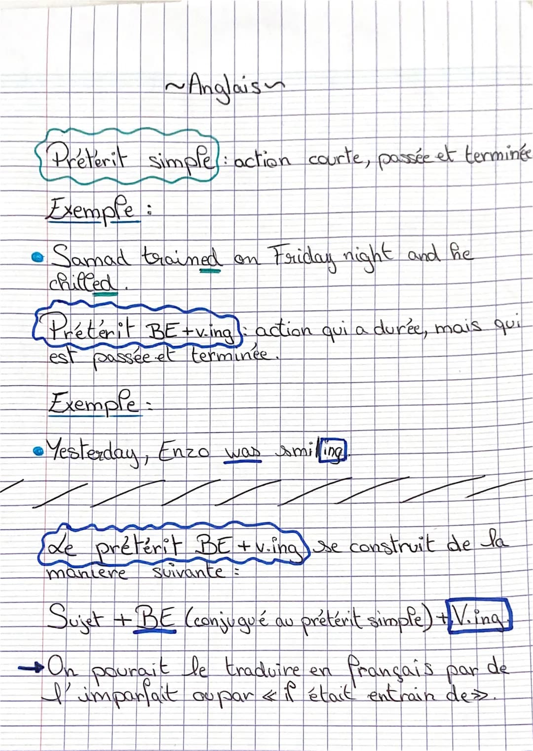 ~Anglais~
Préterit simple: action courte, passée et terminée
Exemple:
Samad trained on
chilled
Friday night and he
Pretérit BE +v-ing
est pa