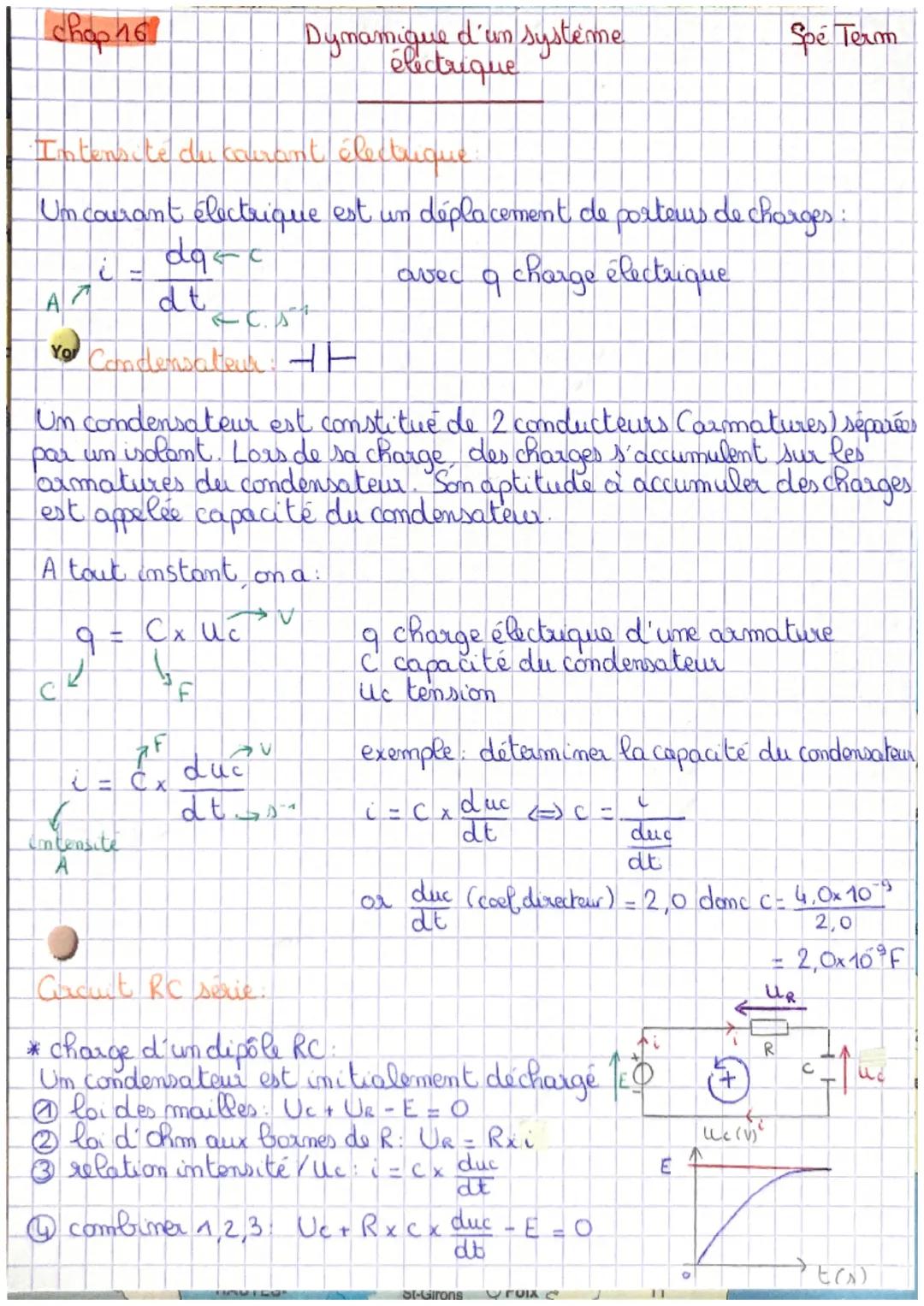 chap 16
# Dymamique d'un systeme
## électrique
Spé Term
# Intensite du courant électrique.
Un courant électrique est un déplacement de porte