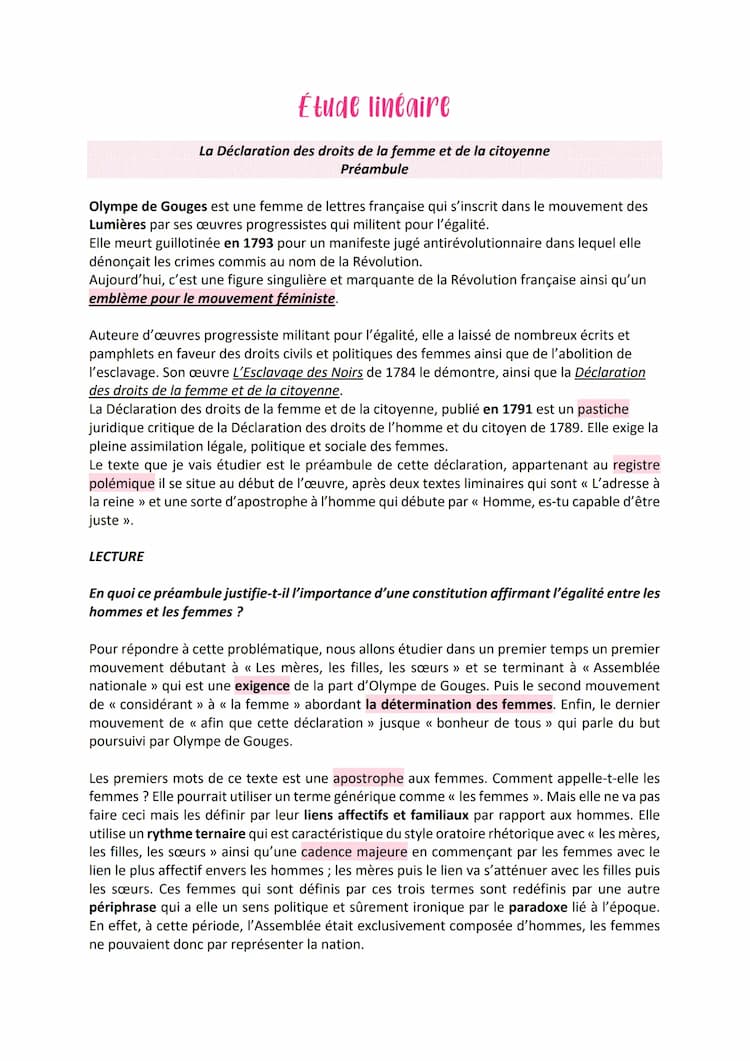 Know Préambule Olympe de Gouges Étude linéaire  thumbnail
