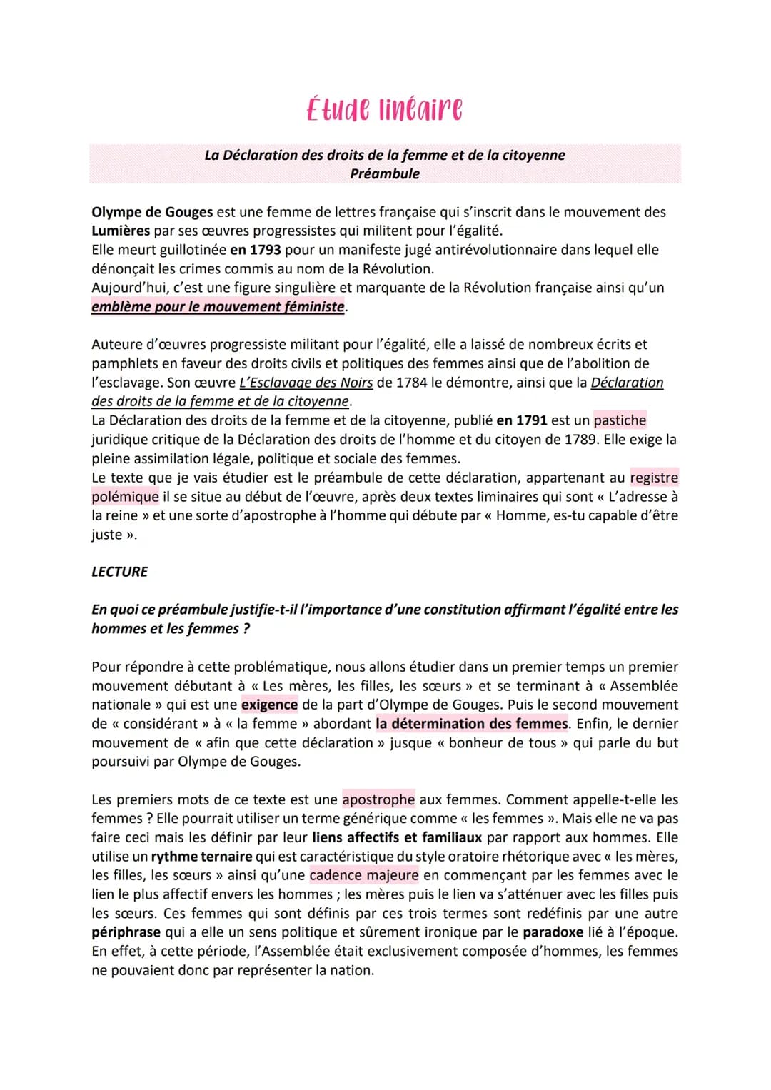 Préambule Olympe de Gouges Étude linéaire 