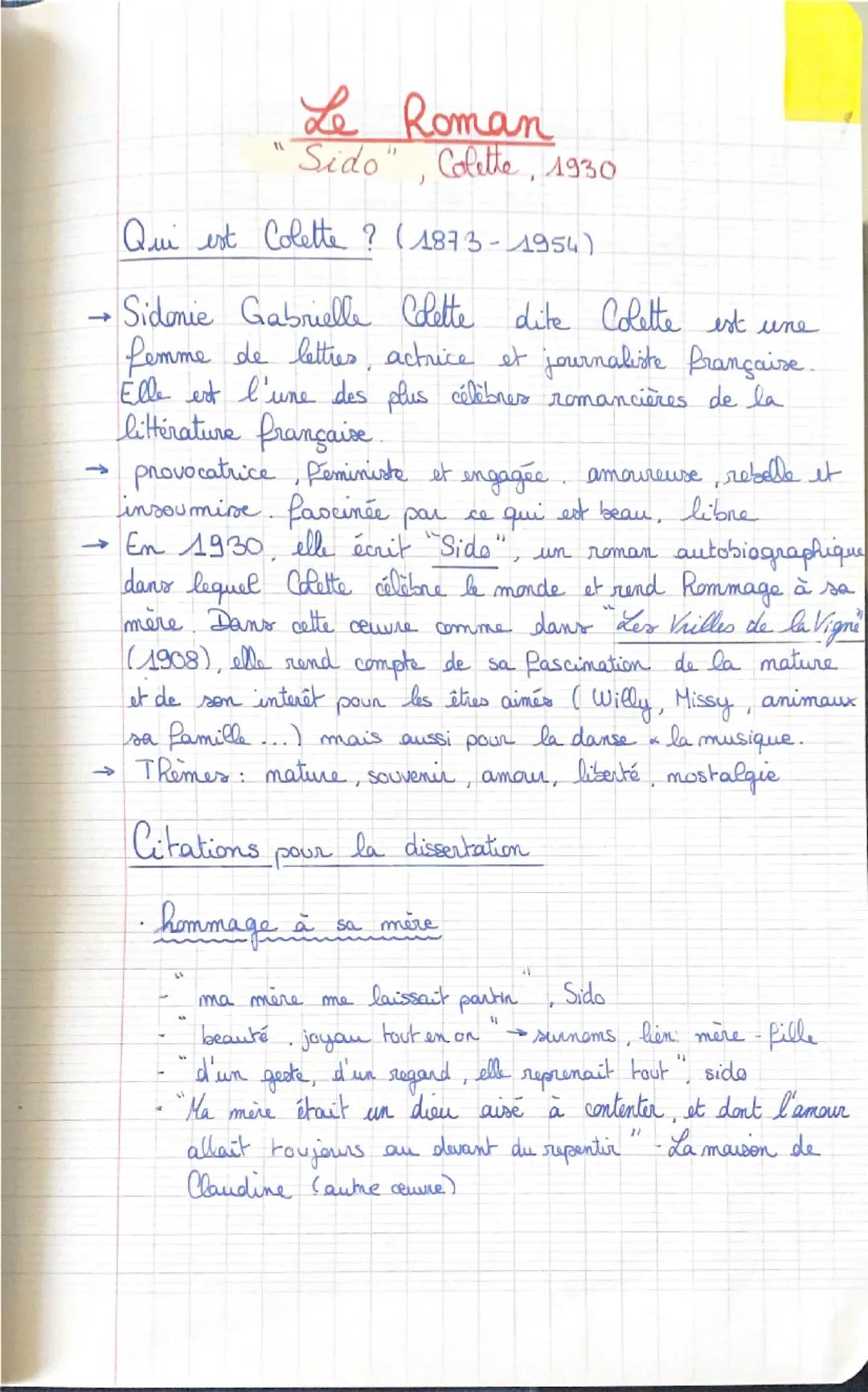 # Le Roman
"Sido" Colette, 1930
J
Qui est Colette? (1873-1954)

→Sidonie Gabrielle Colette dite Colette est une
femme de lettres, actrice et