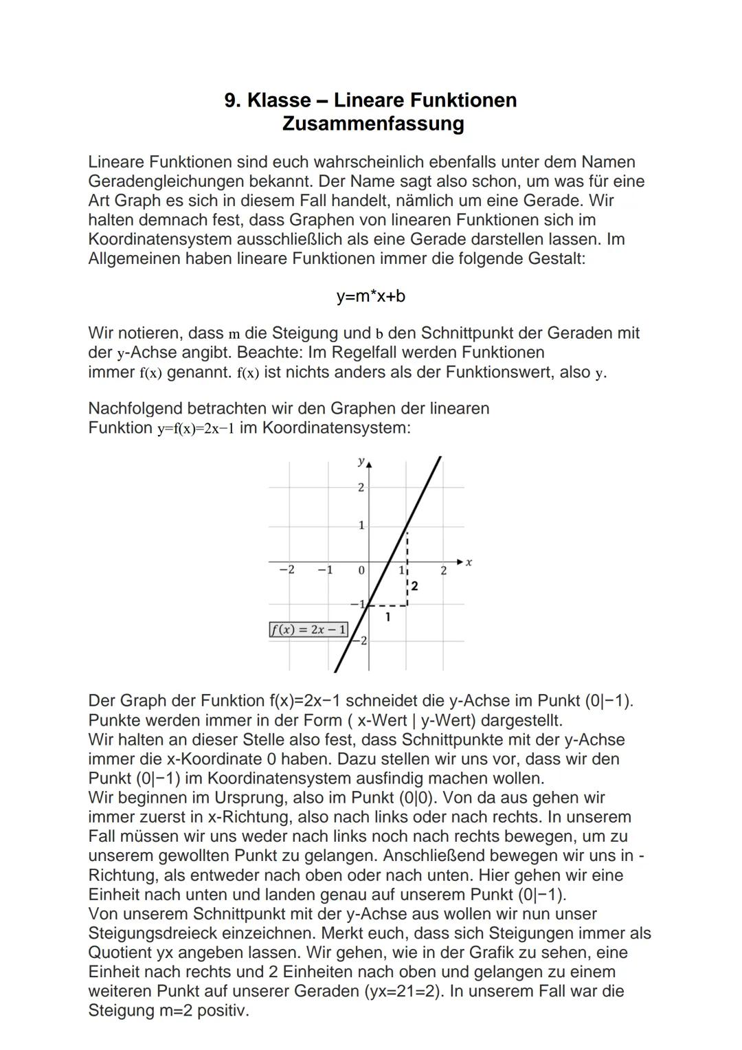 # 9. Klasse - Lineare Funktionen
Zusammenfassung

Lineare Funktionen sind euch wahrscheinlich ebenfalls unter dem Namen
Geradengleichungen b