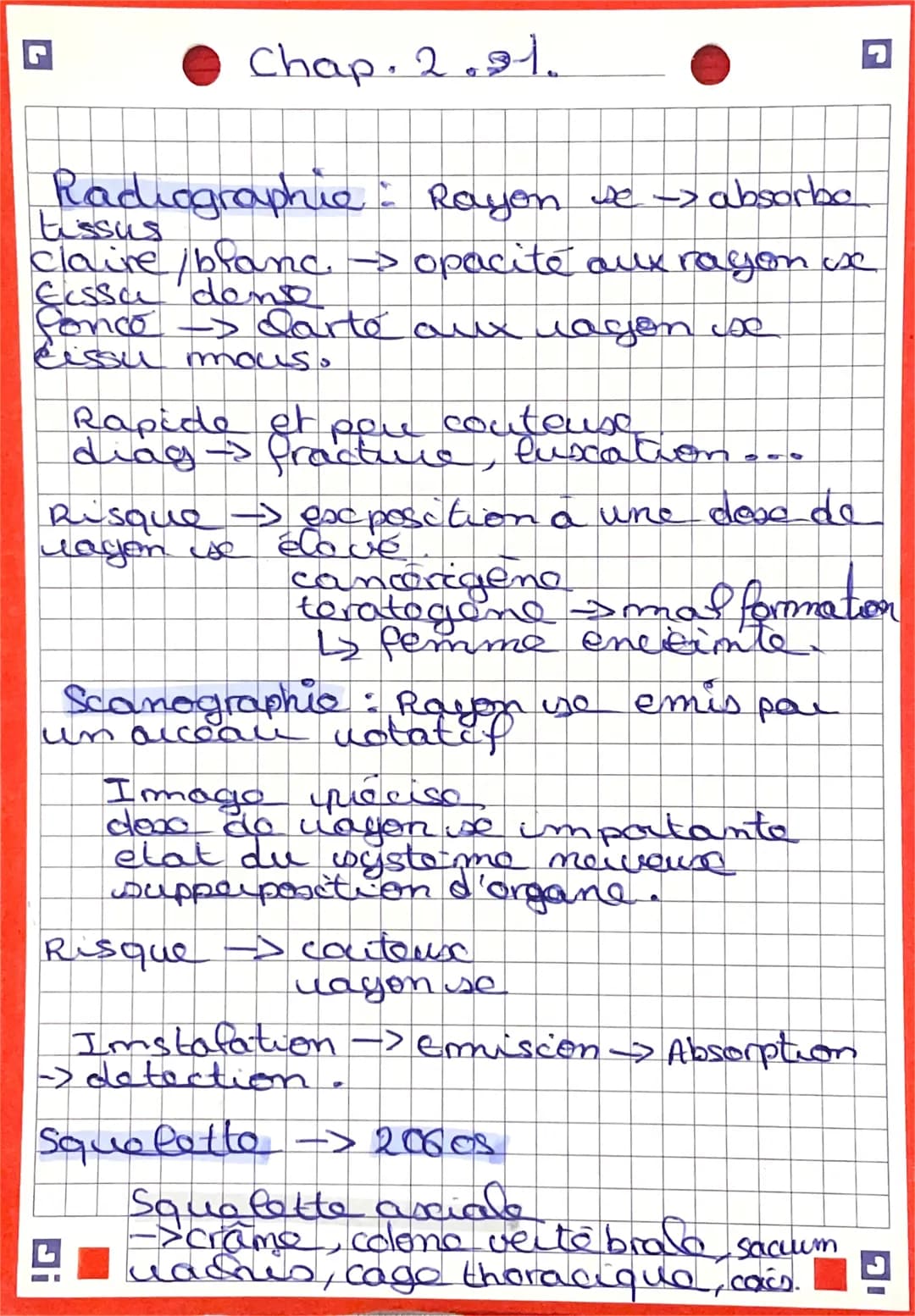 G
Chap. 2.21.
Radiographie : Rayon se -> absorbe
tissus
claire /blanc. →> opacité aux rayon us
Eessa deno
fonco > darte aux lagen Joe
eissu 