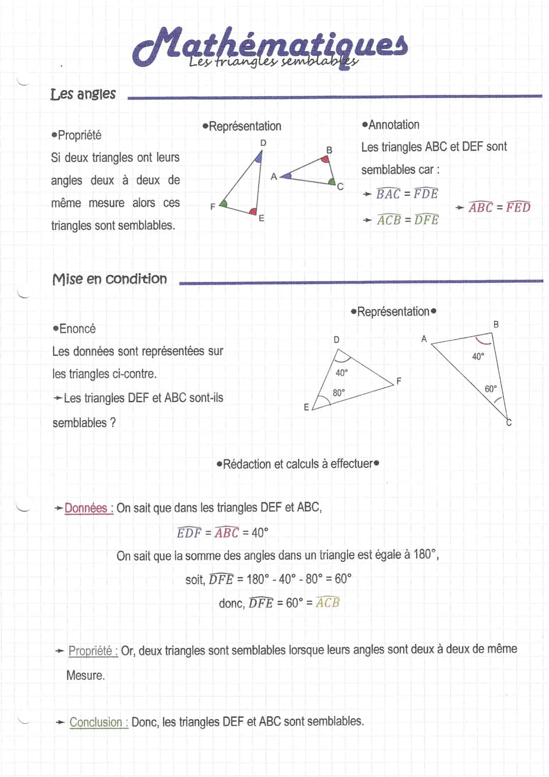Les angles
Mathématiques
Les triangles semblables
•Propriété
Si deux triangles ont leurs
angles deux à deux de
même mesure alors ces
triangl