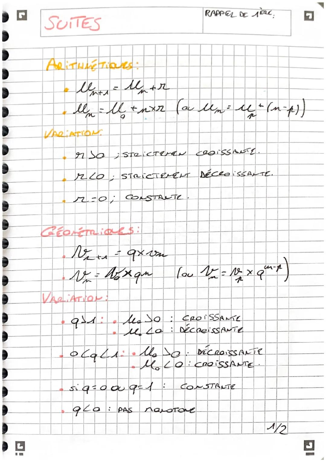 SUITES

ARITHMETIQUEs:
*   $M_{n+1} = M_n+r$
*   $M_n = M_0 + nxr$ (a $M_n = M_n^2 (n-p)$)

VARIATION
*   $r \geq 0$; STRICTEMEN CROISSANTE.