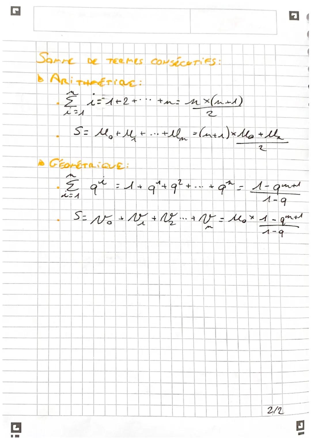 SUITES

ARITHMETIQUEs:
*   $M_{n+1} = M_n+r$
*   $M_n = M_0 + nxr$ (a $M_n = M_n^2 (n-p)$)

VARIATION
*   $r \geq 0$; STRICTEMEN CROISSANTE.