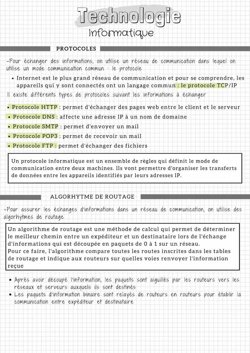 Technologie
Informatique
LES ADRESSES IP
Dans un réseau, l'information circule d'une adresse IP (expéditeur) vers une autre
adresse IP (dest
