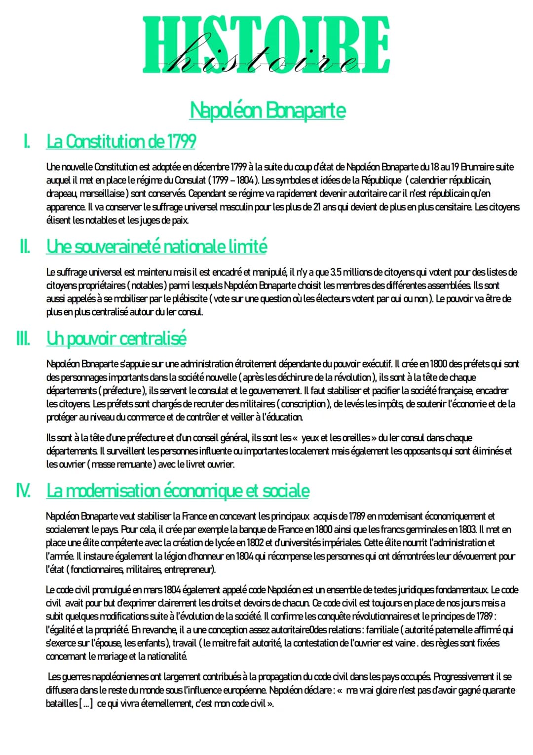 HISTOIRE
Napoléon Bonaparte
1. La Constitution de 1799
Une nouvelle Constitution est adoptée en décembre 1799 à la suite du coup d'état de N