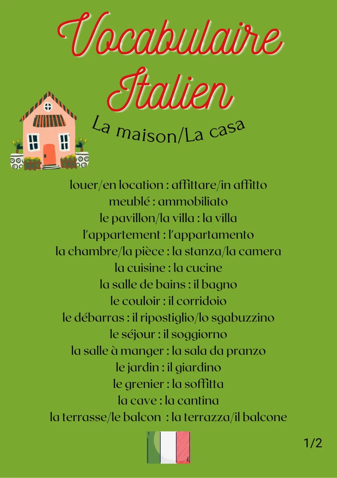 Vocabulaire
Italien
La maison/La casa
==
louer/en location : affittare/in affitto
meublé: ammobiliato
le pavillon/la villa : la villa
l'appa