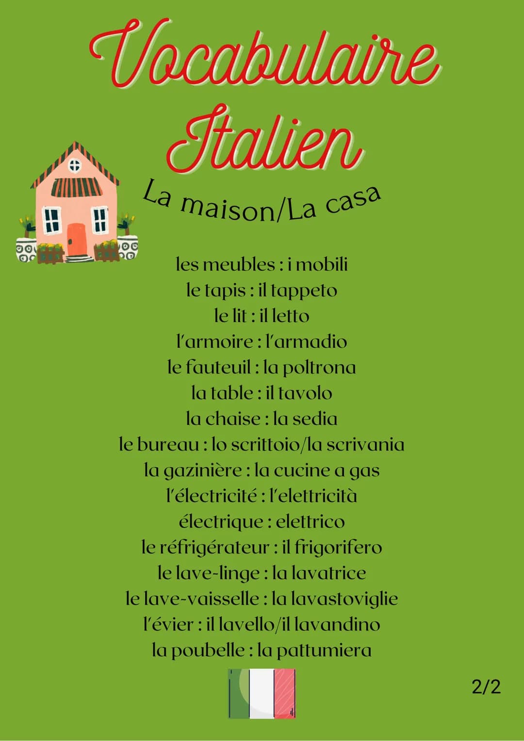Vocabulaire
Italien
La maison/La casa
==
louer/en location : affittare/in affitto
meublé: ammobiliato
le pavillon/la villa : la villa
l'appa