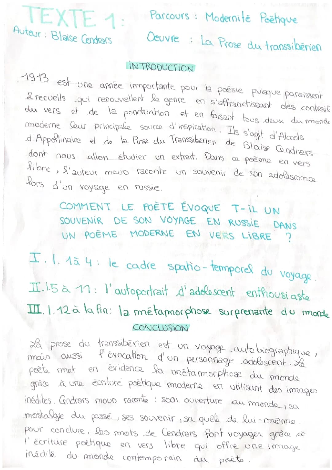 Analyse Linéaire et Fiche de Lecture: La Prose du Transsibérien de Blaise Cendrars (Résumé et PDF inclus)