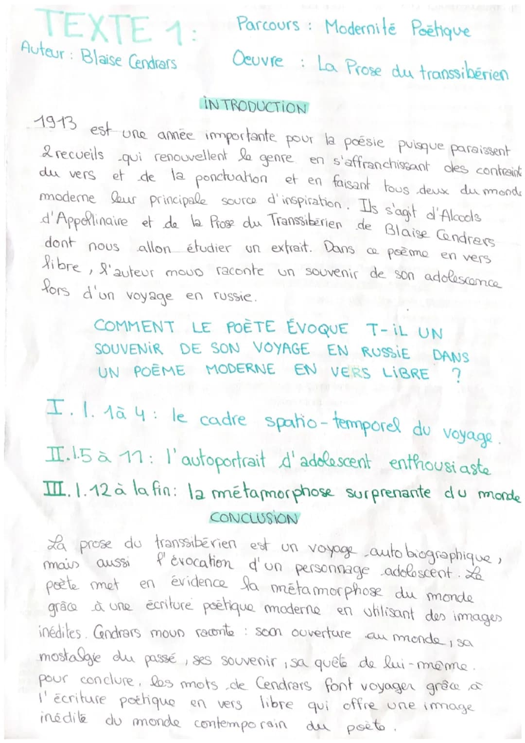 TEXTE 1:
Auteur: Blaise Cendrars
INTRODUCTION
du vers
1913 est une année importante pour la poésie puisque paraissent
2 recueils qui renouve