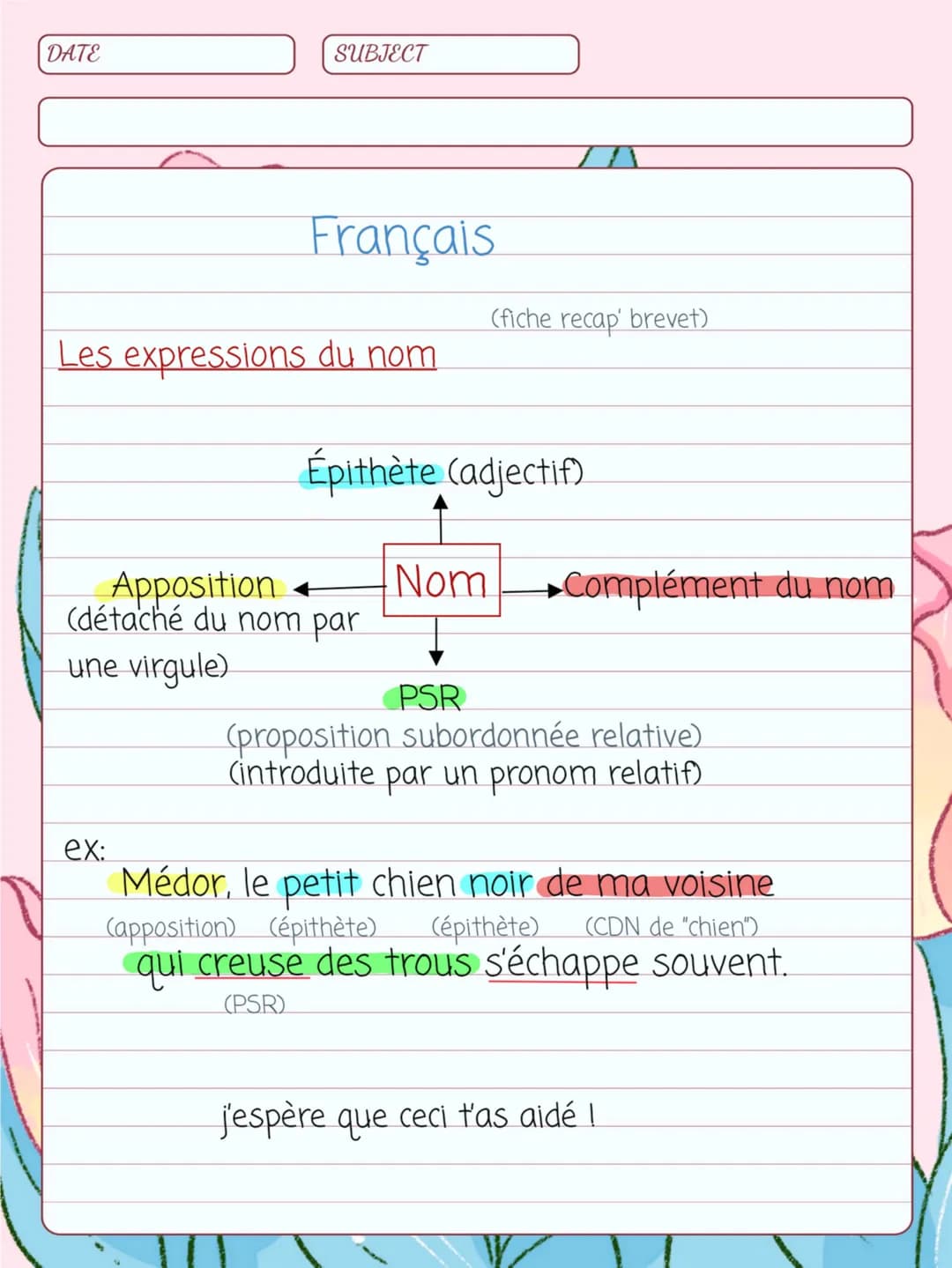 DATE
SUBJECT
Français
Les expressions du nom
ex:
Apposition
(détaché du nom par
une virgule)
(fiche recap' brevet)
Épithète (adjectif)
Nom C