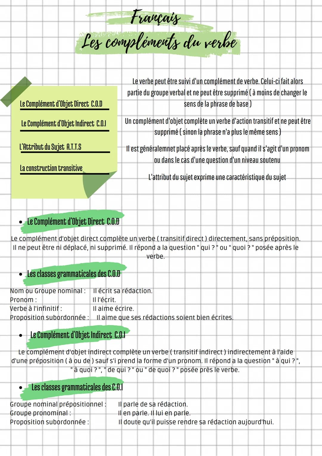 Français
Les compléments du verbe
Le Complément d'Objet Direct C.O.D
Le Complément d'Objet Indirect C.O.I
L'Attribut du Sujet A.T.T.S
La con