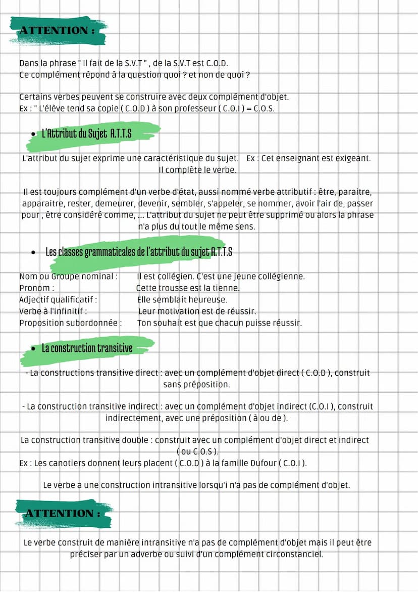 Français
Les compléments du verbe
Le Complément d'Objet Direct C.O.D
Le Complément d'Objet Indirect C.O.I
L'Attribut du Sujet A.T.T.S
La con