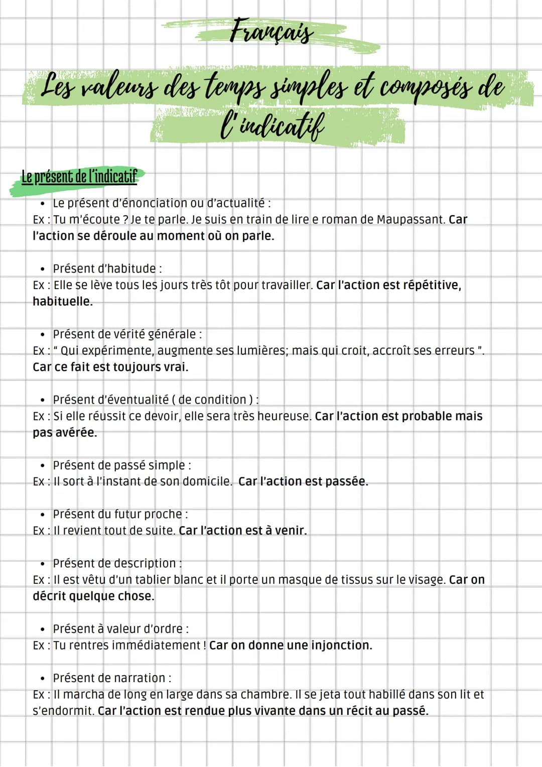 Français
Les valeurs des temps simples et composés de
l'indicatif
Le présent de l'indicatif
Le présent d'énonciation ou d'actualité :
Ex: Tu