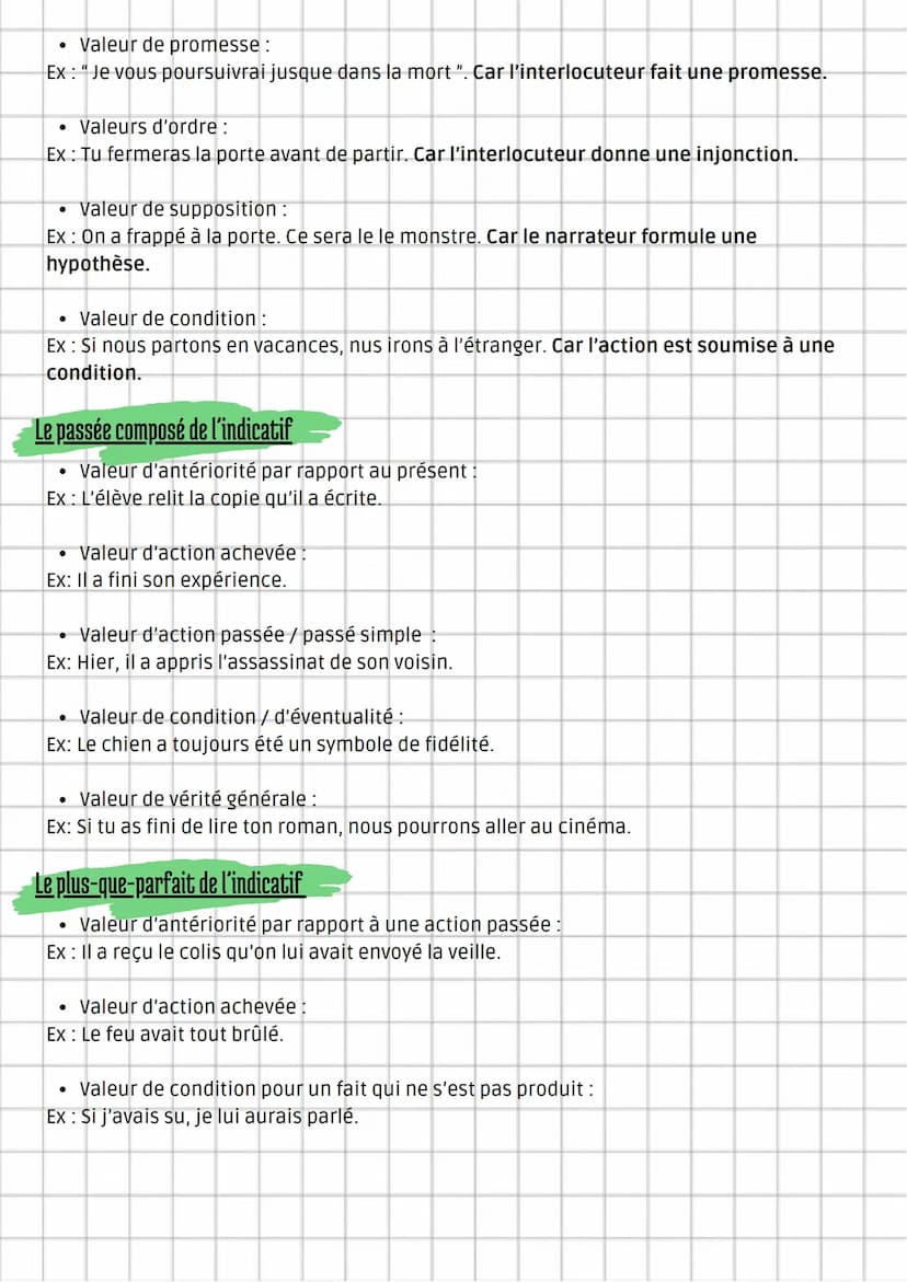 Français
Les valeurs des temps simples et composés de
l'indicatif
Le présent de l'indicatif
Le présent d'énonciation ou d'actualité :
Ex: Tu