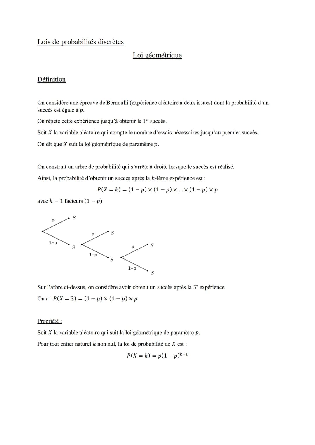 Lois de probabilités discrètes
Définition
On considère une épreuve de Bernoulli (expérience aléatoire à deux issues) dont la probabilité d'u