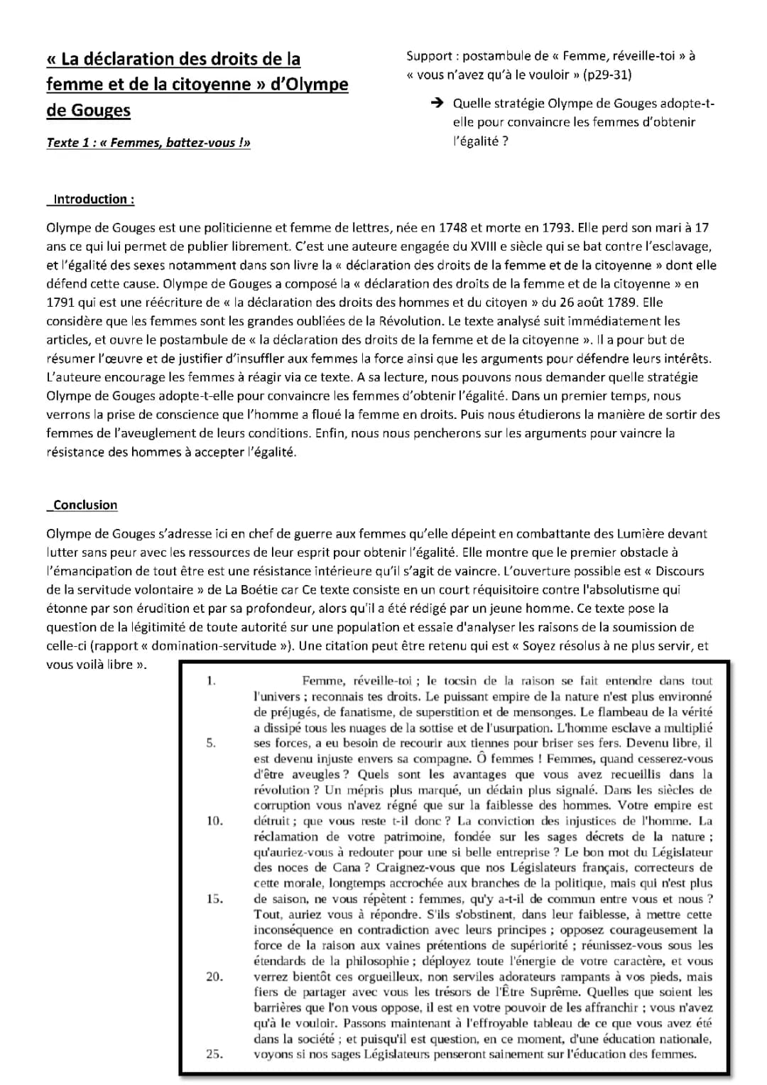Fiche de révision "La déclaration des droits de la femme d'Olympe de Gouges TEXTE 1