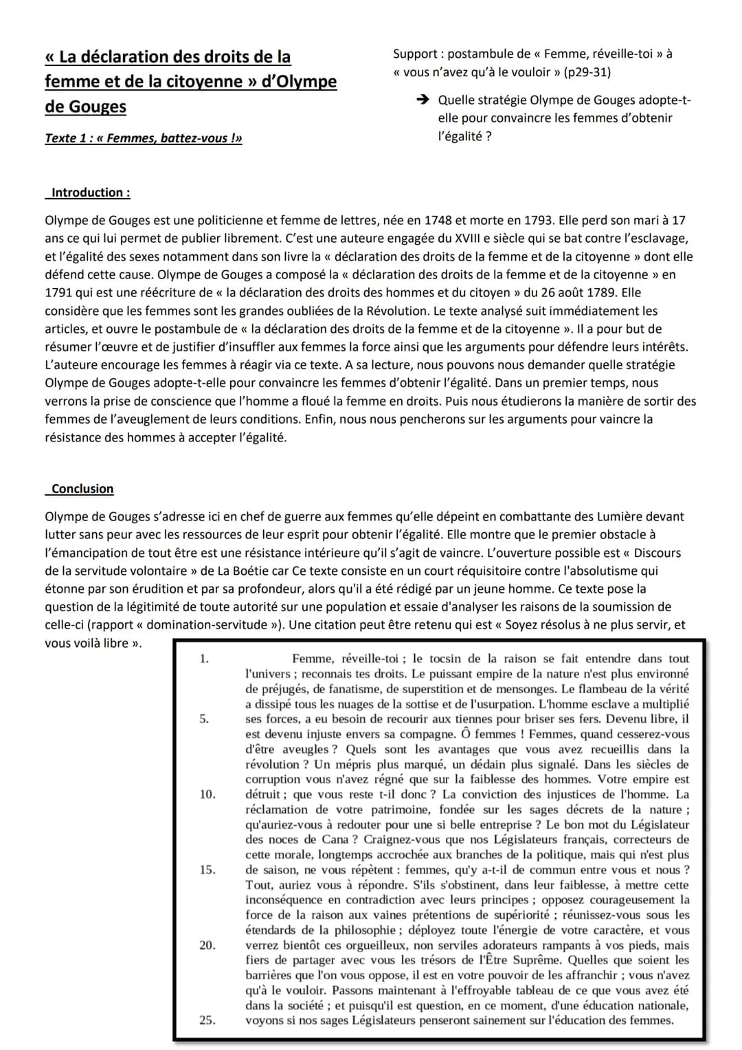 << La déclaration des droits de la
femme et de la citoyenne » d'Olympe
de Gouges
Texte 1: << Femmes, battez-vous !>>
Conclusion
Introduction