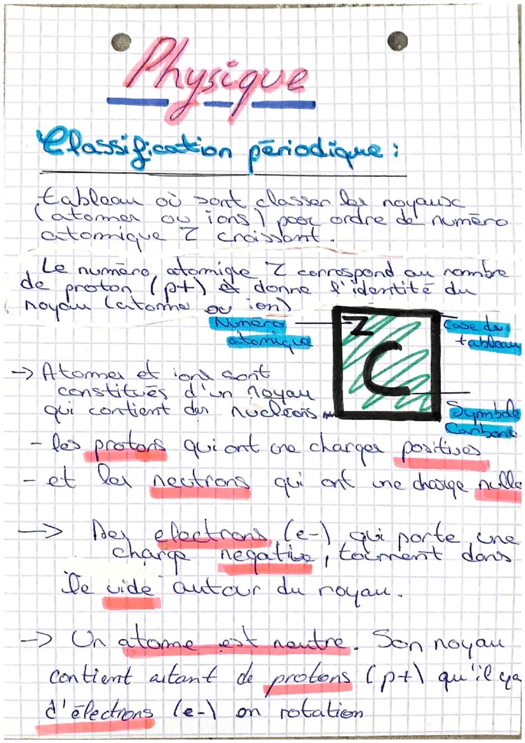 # Physique

Classification périodique:

Eableau où sont classer les noyaux.
(atomer ou ions) poor ordre de numero
atomique $Z$ croissant.

L