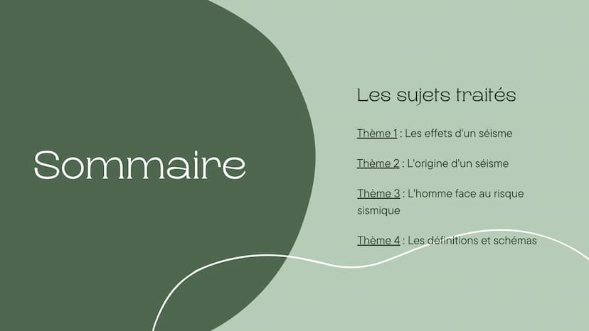 Les risques
liées aux
séismes
Comment un séisme peut entraîner un risque pour
l'Homme ? Sommaire
Les sujets traités
Thème 1: Les effets d'un