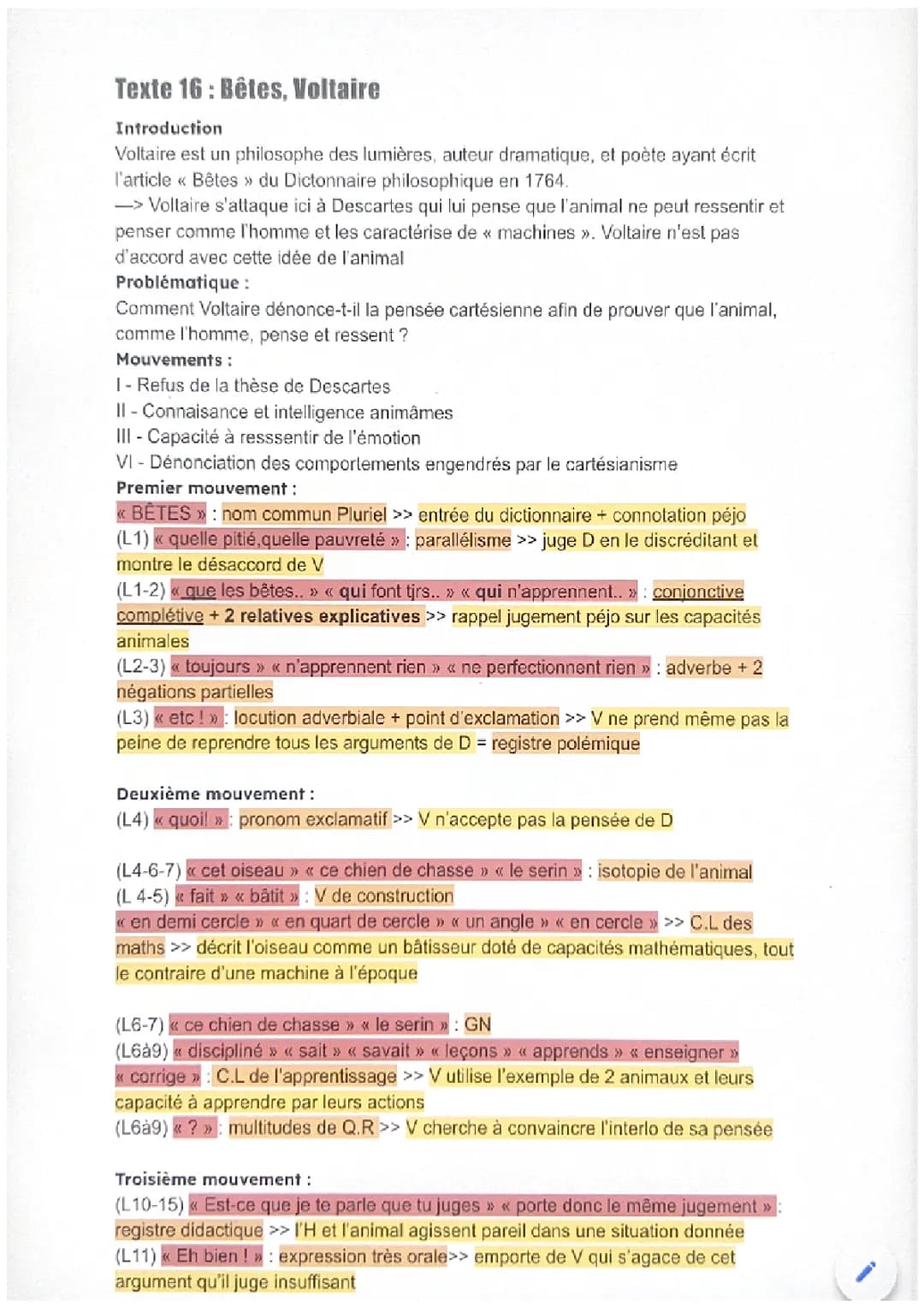 Bêtes Voltaire analyse linéaire 
