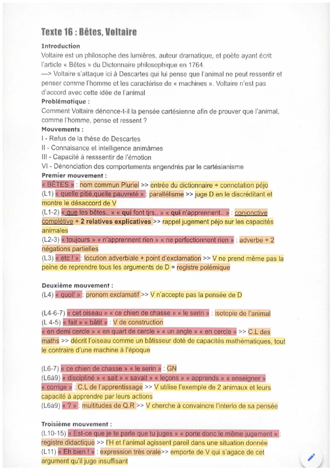 Texte 16: Bêtes, Voltaire
Introduction
Voltaire est un philosophe des lumières, auteur dramatique, et poète ayant écrit
l'article << Bêtes »