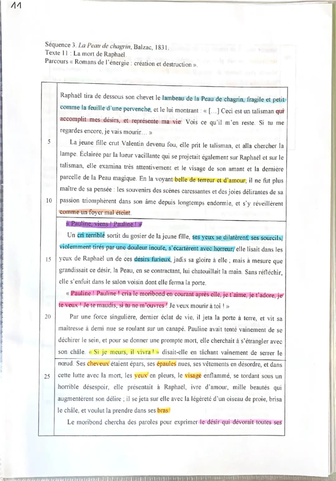 11
Séquence 3. La Peau de chagrin, Balzac, 1831.
Texte 11: La mort de Raphaël.
Parcours << Romans de l'énergie: création et destruction >>.
