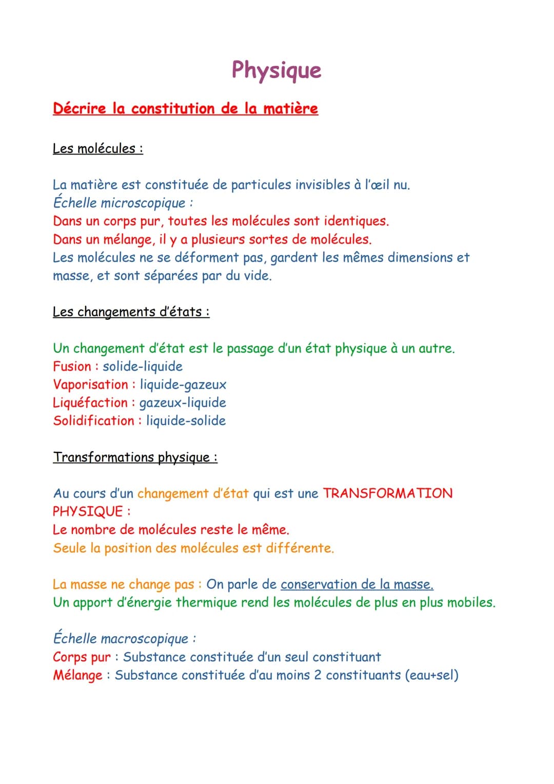 Physique
Décrire la constitution de la matière
Les molécules :
La matière est constituée de particules invisibles à l'œil nu.
Échelle micros