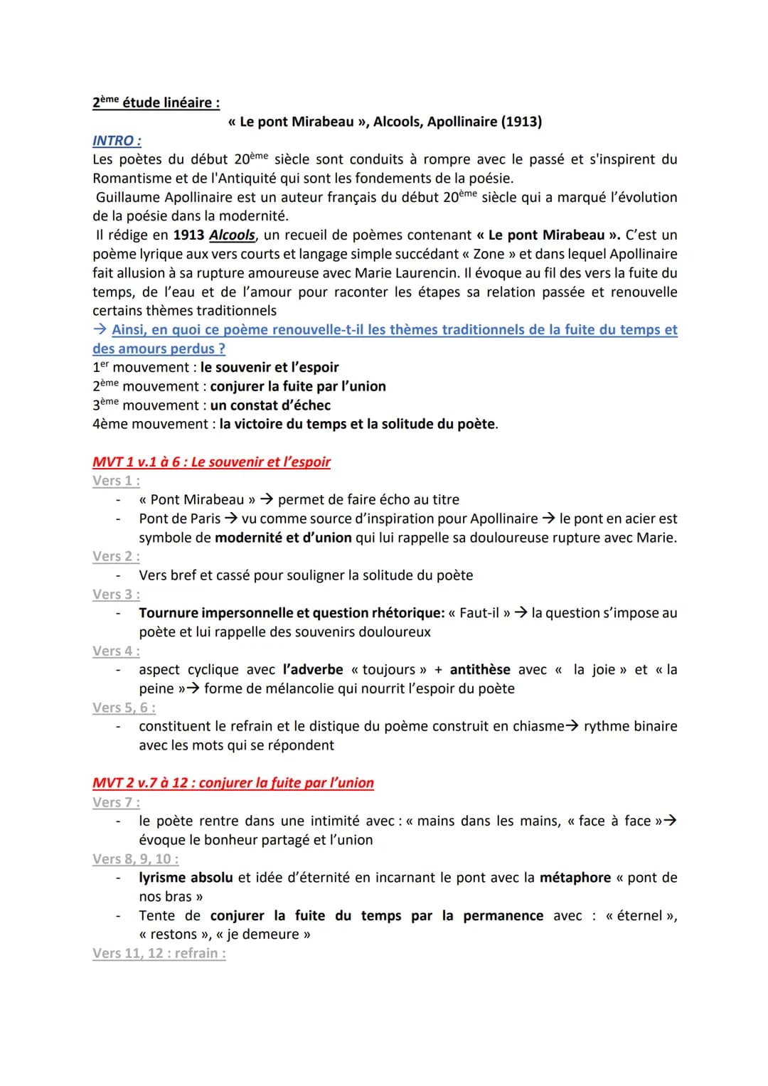 2ème étude linéaire :
INTRO:
Les poètes du début 20ème siècle sont conduits à rompre avec le passé et s'inspirent du
Romantisme et de l'Anti