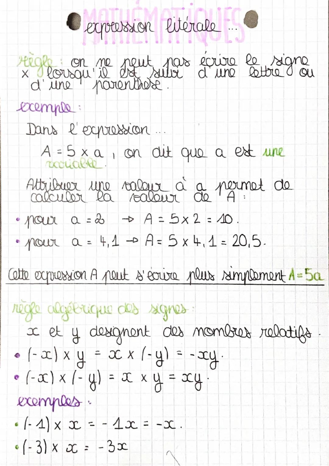 • expression litérale...
lettre
règle, on ne peut pas écrire le signe
d'une parenthese.
exemple:
Dans l'expression
A = 5 xa, on dit que a es