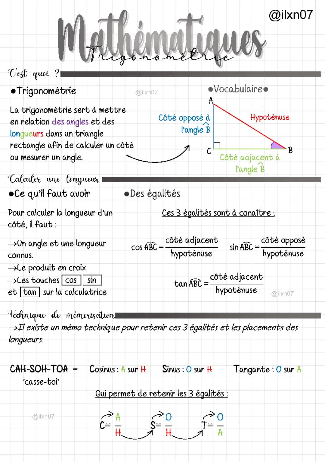 Comment calculer la mesure d'un angle et une longueur dans un triangle rectangle | Trigonométrie 3ème