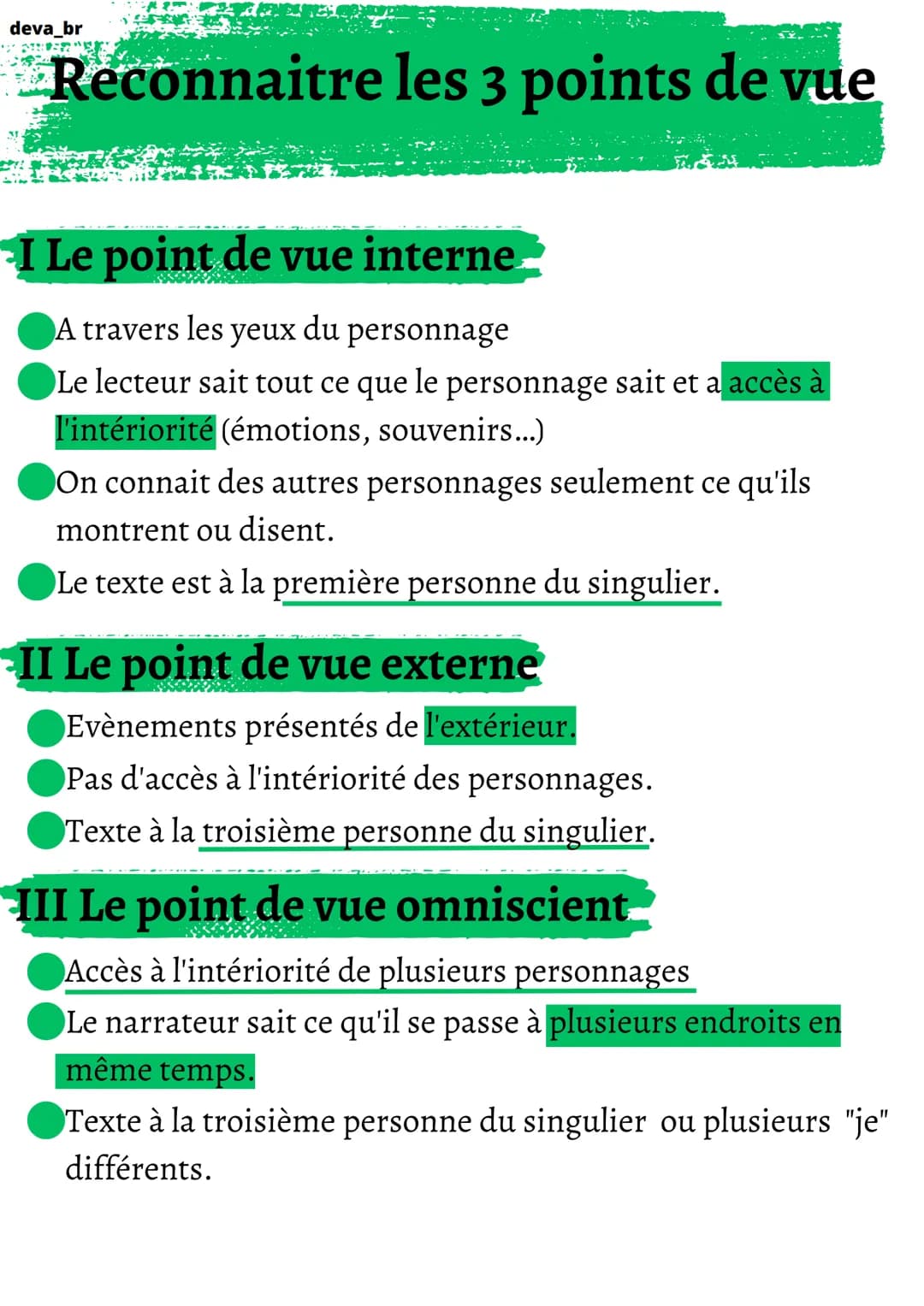 deva_br
F
Reconnaitre les 3 points de vue
I Le point de vue interne
A travers les yeux du personnage
Le lecteur sait tout ce que le personna