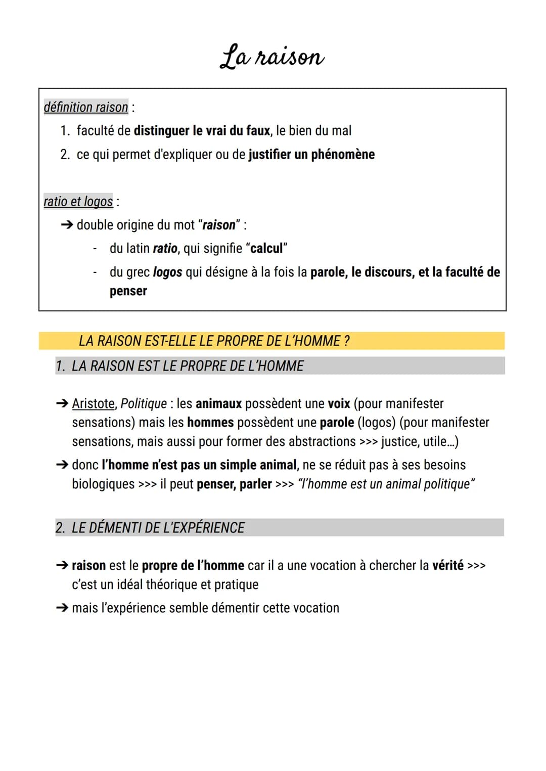La raison
définition raison:
1. faculté de distinguer le vrai du faux, le bien du mal
2. ce qui permet d'expliquer ou de justifier un phénom