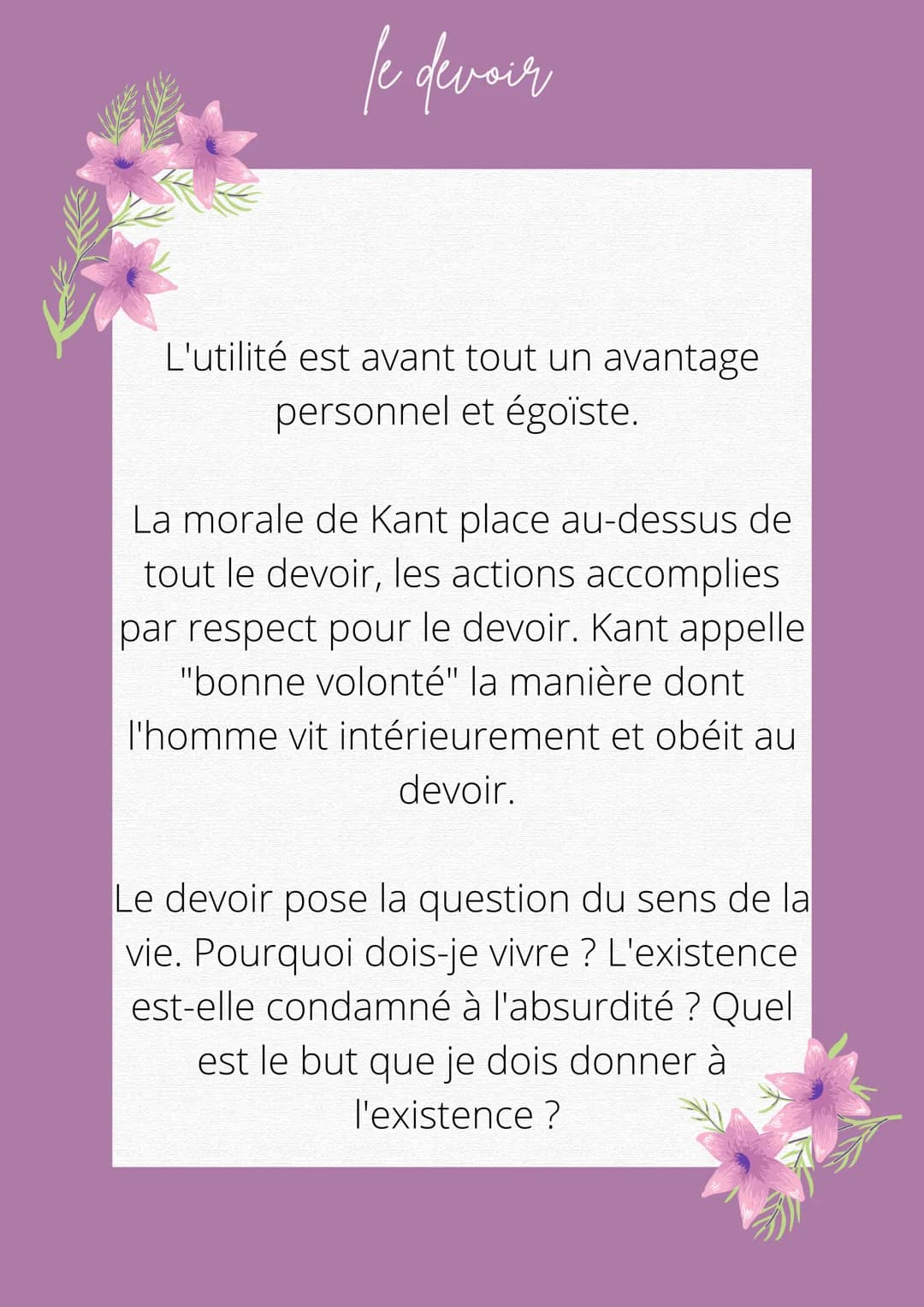 le devoir
Nos premiers devoirs sont dictés par
nos parents, l'école et également la
société. On les intériorise par
l'éducation, l'imitation
