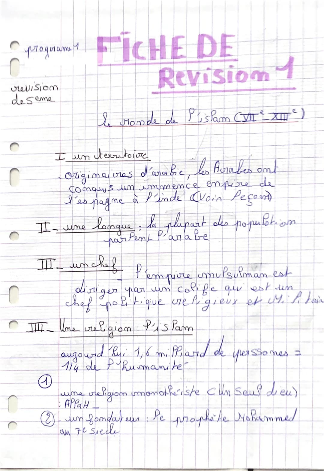 programe 1 FICHE DE
revision
de seme
I- une
I un territoire
originaires d'arabic, les Arabes ont
Conqus un immence empire de
I´es pagne à l'