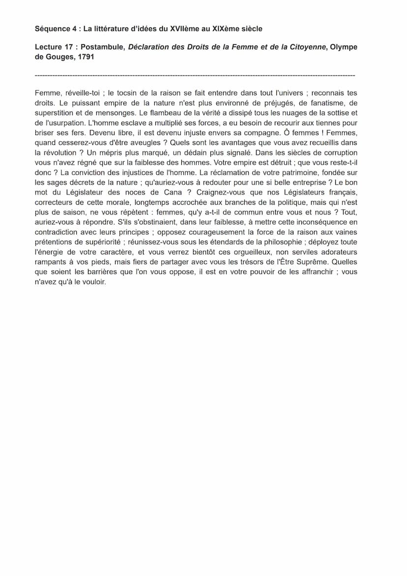 Début du postambule, DDFC, Olympe de Gouges
Avec la Révolution française en 1789, les citoyens obtiennent de nouveaux droits mais les
citoye