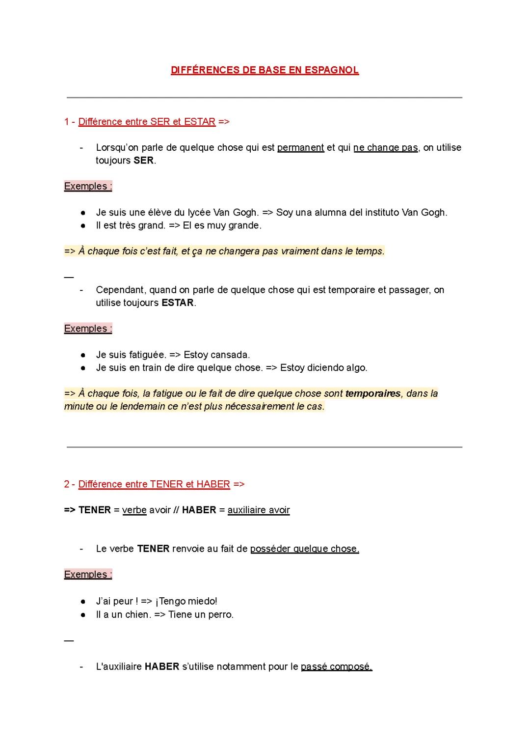 FICHE : DIFFÉRENCES DE BASE EN ESPAGNOL