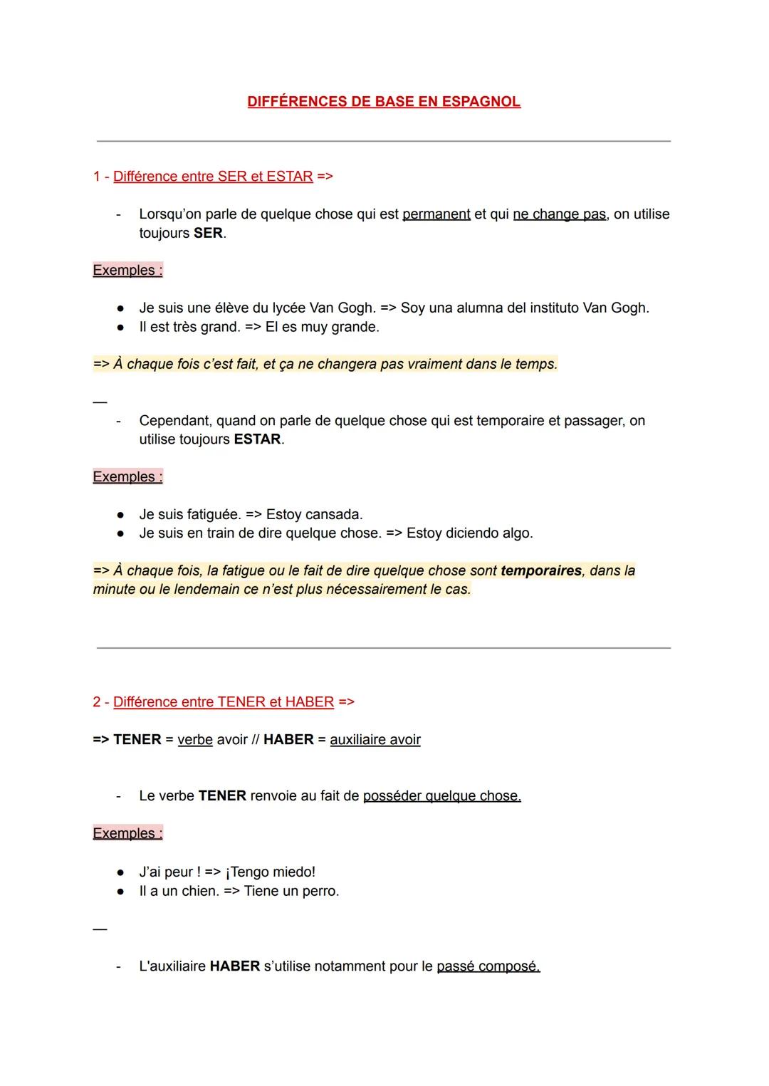 1 - Différence entre SER et ESTAR =>
Exemples:
●
Lorsqu'on parle de quelque chose qui est permanent et qui ne change pas, on utilise
toujour