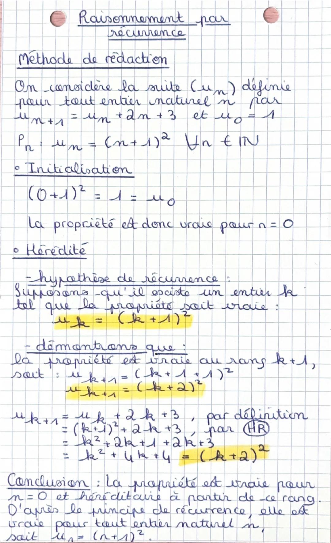 Raisonnement par
récurrence
Methode de redaction
On considère la suite (un) définie
pour tout entier natural n par
un+1 = un + 2n + 3
Lu
0
P