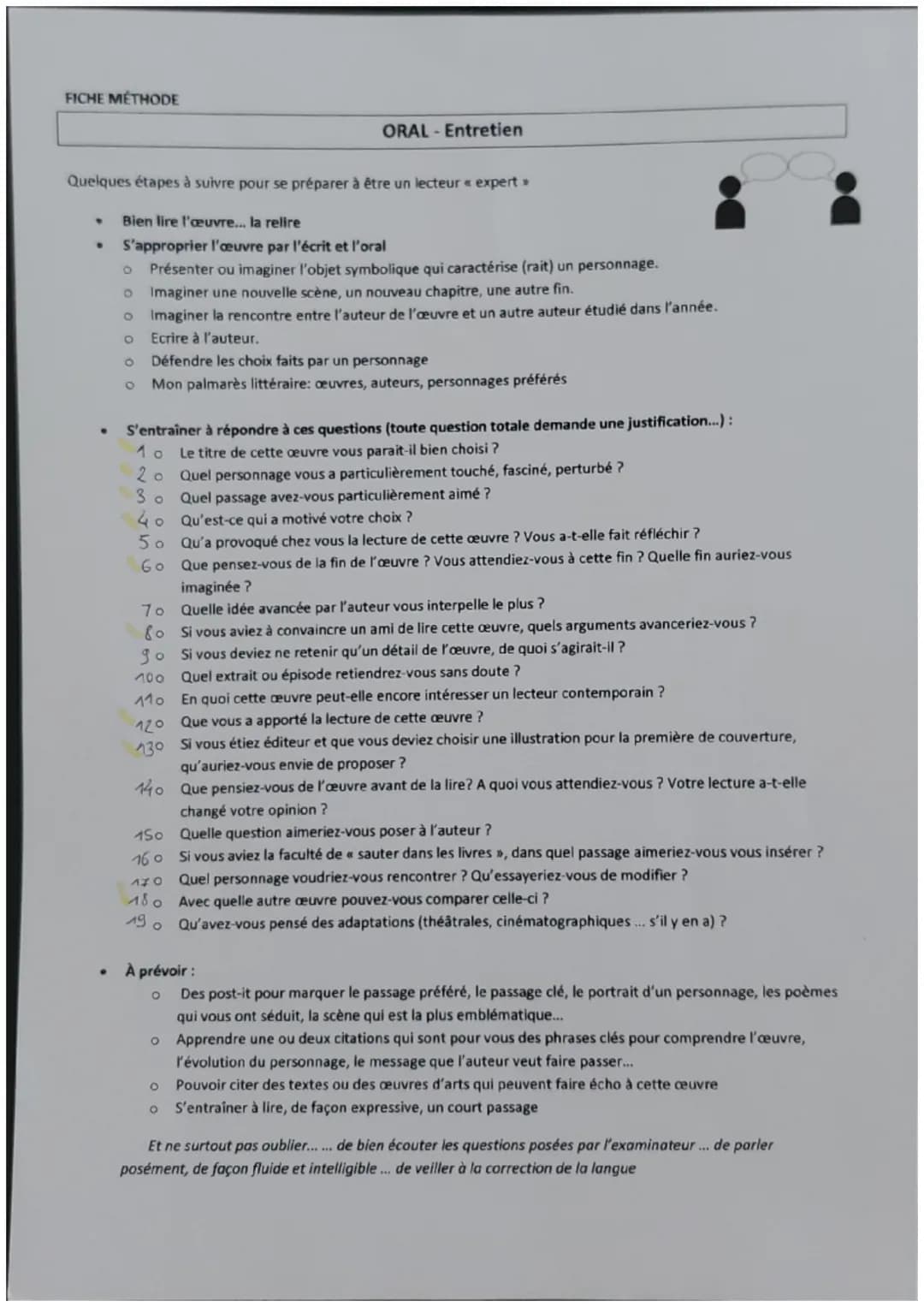 FICHE MÉTHODE
Quelques étapes à suivre pour se préparer à être un lecteur « expert >
Bien lire l'œuvre... la relire
S'approprier l'œuvre par