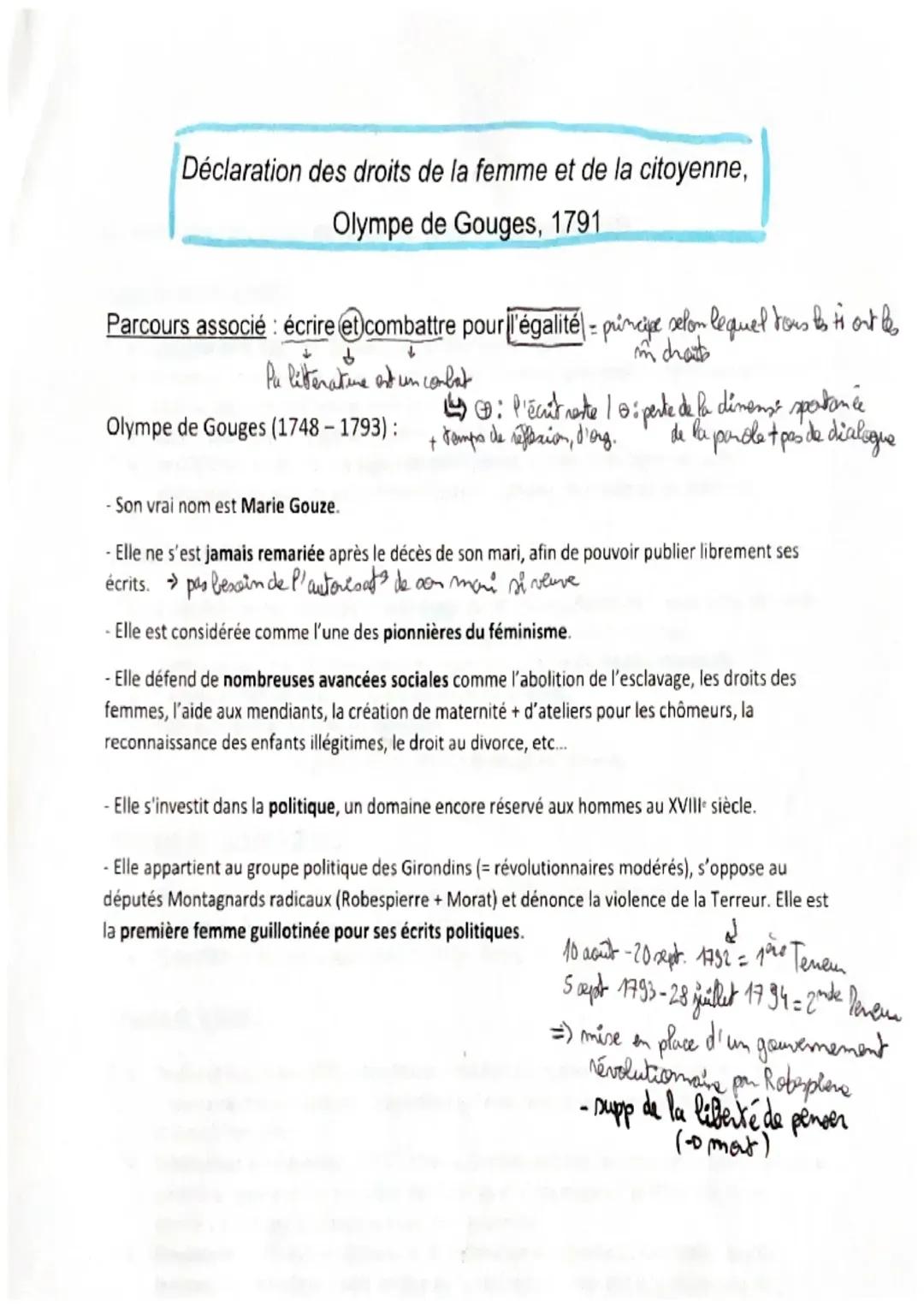 Fiche de Lecture : Déclaration des Droits de la Femme et de la Citoyenne - Résumé et Analyse PDF