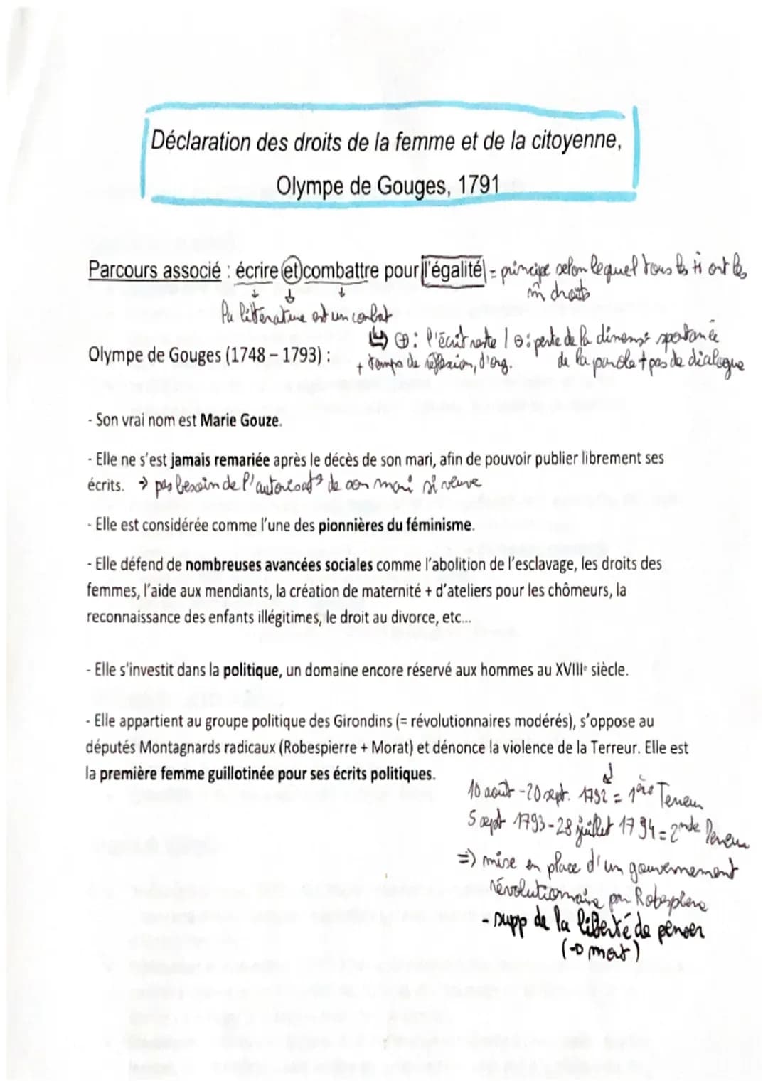 Déclaration des droits de la femme et de la citoyenne,
Olympe de Gouges, 1791.
Parcours associé : écrire et combattre pour l'égalité princip