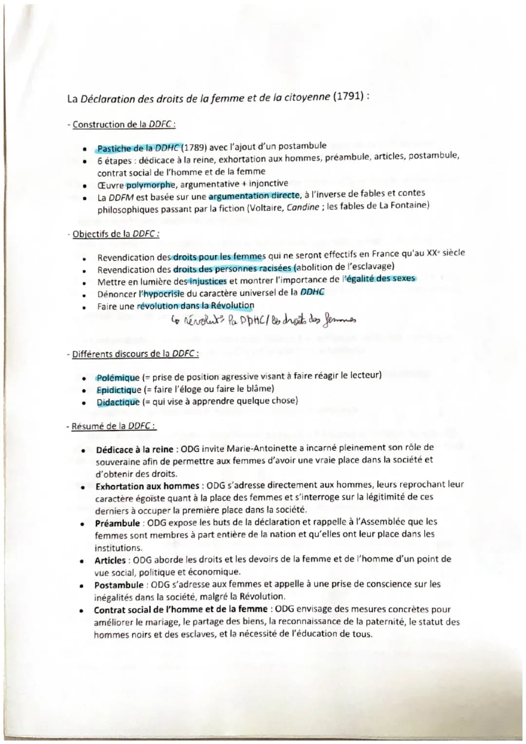 Fiche de Lecture : Déclaration des Droits de la Femme et de la Citoyenne - Résumé et Analyse PDF