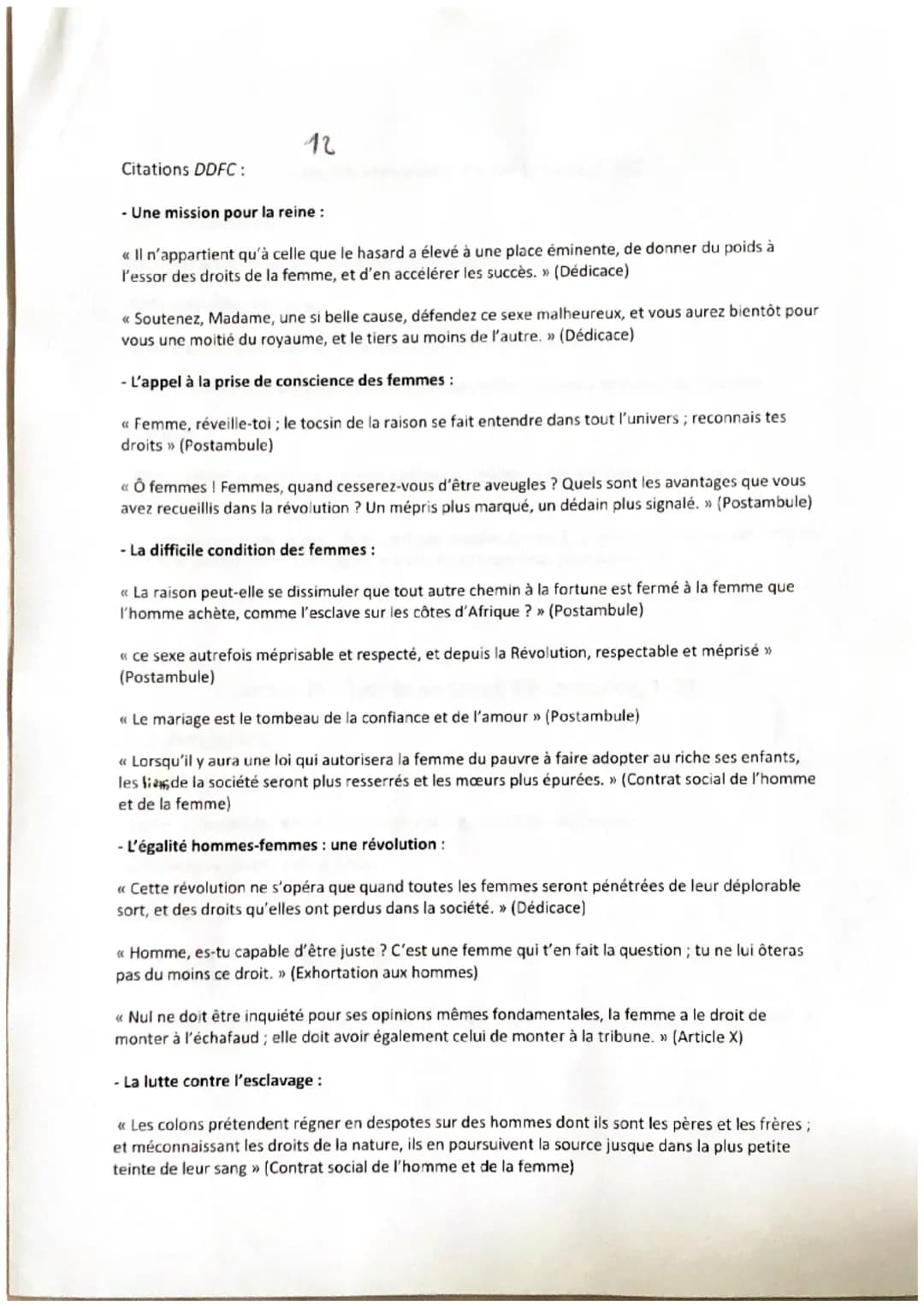 Fiche de Lecture : Déclaration des Droits de la Femme et de la Citoyenne - Résumé et Analyse PDF