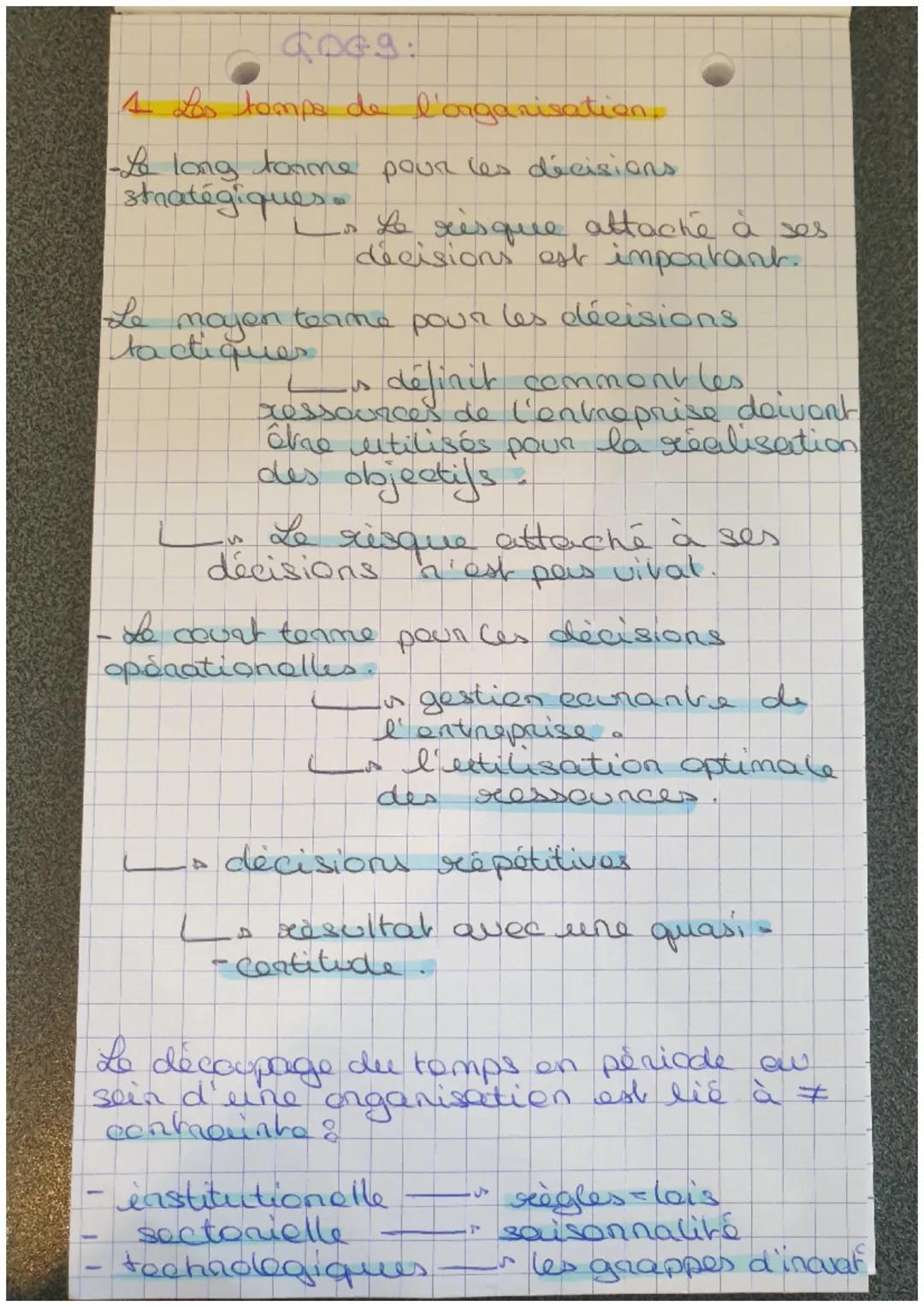 doog.
A Les temps de l'organisation.
-Le long terme pour les décisions.
stratégiques.
Le risque attaché à ses
decisions est important.
majen