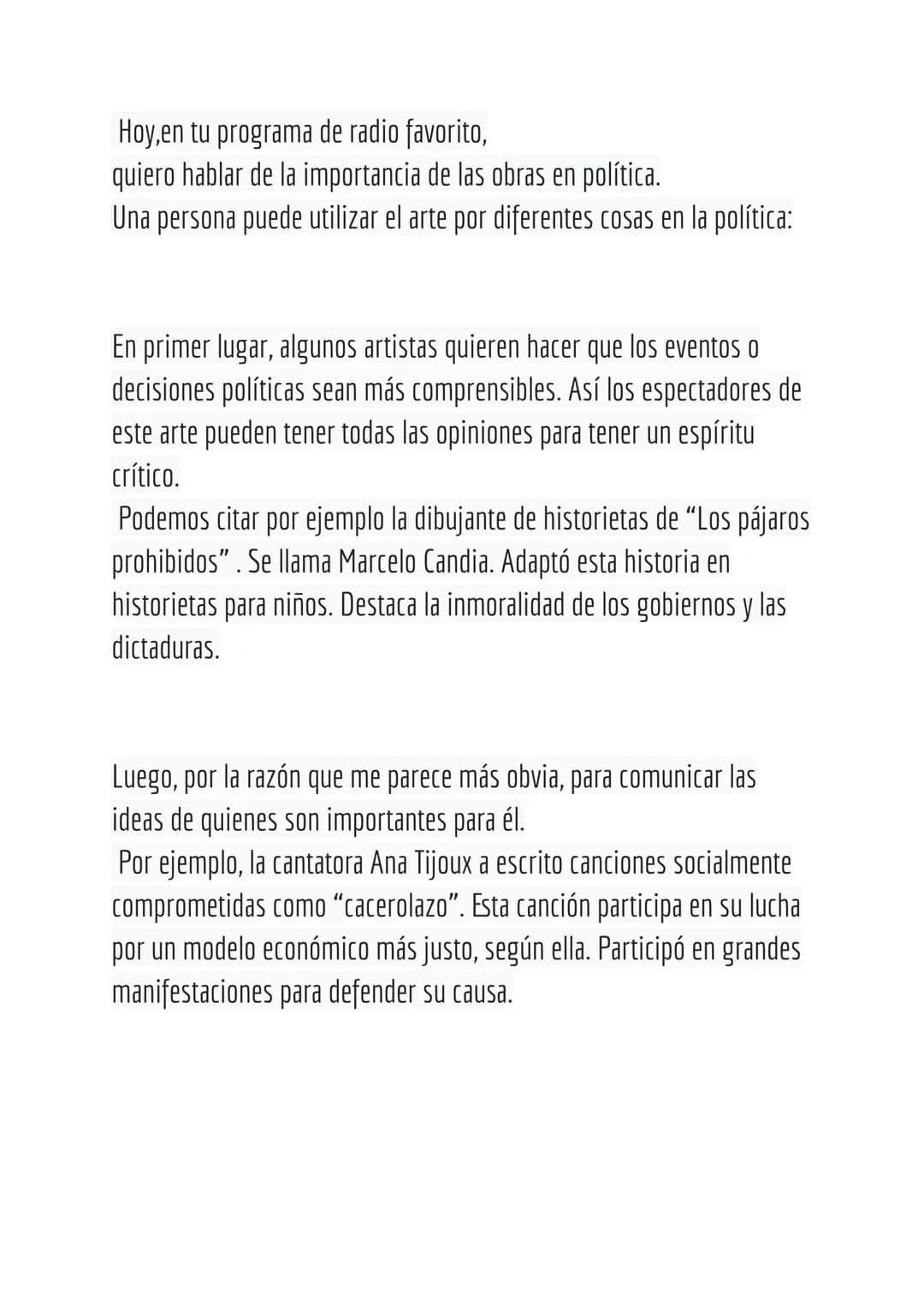 Espagnol oral
L'art est difficile à définir. On peut dire que c'est un moyen d'expression que l'artiste choisit
pour communiquer ses idées, 